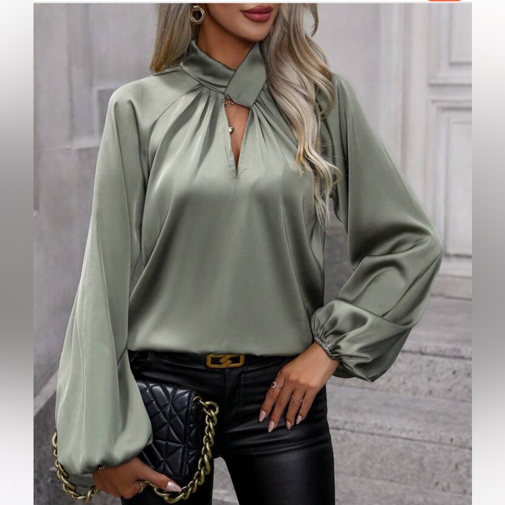 Sage green keyhole satin blouse NEW